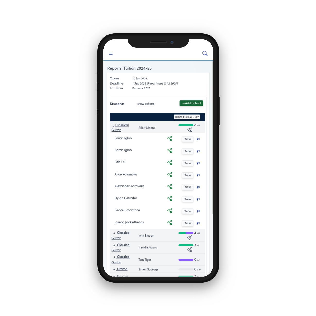 Instructor Portal progress reports